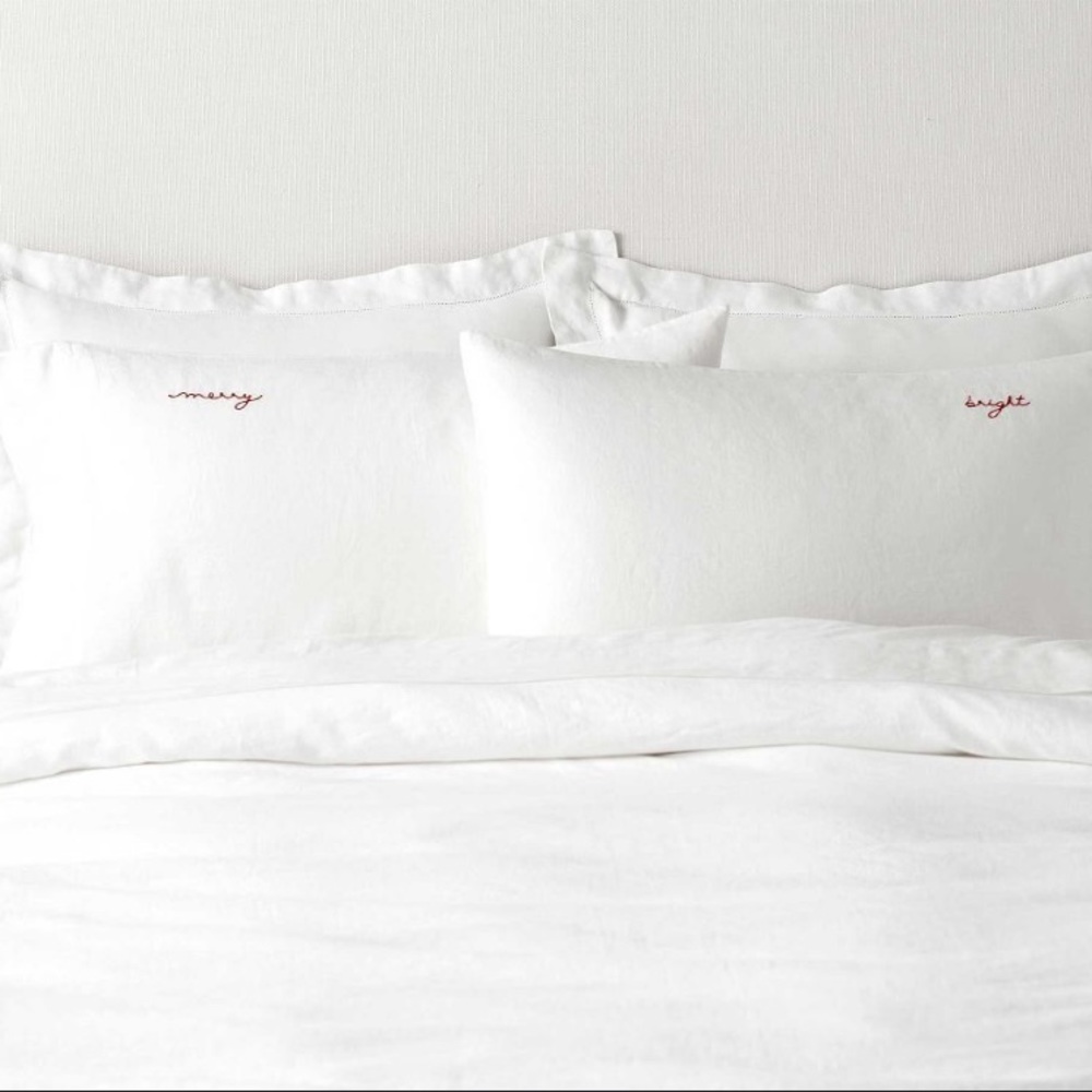 Pottery Barn “Merry & Bright” Embroidered Belgian Flax Linen Pillowcases